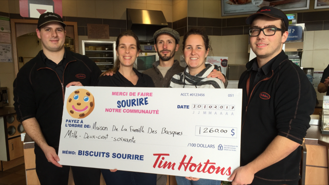 La Maison de la Famille des Basques reçoit 1 260$ de TIM HORTONS®